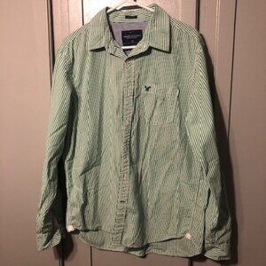 American Eagle Men's Button Green & White Shirt